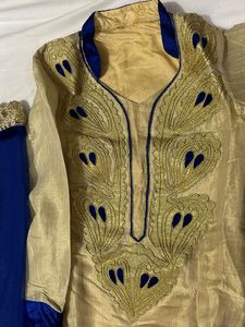 Elegant Beige &amp; Blue Embroidered Salwar Kameez