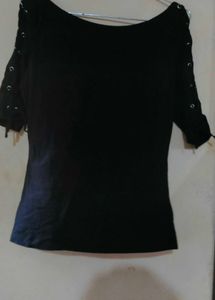 Black Lace-Up Sleeve Top/T Shirt