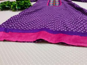 Purple Cotton Printed Kurta with Embroidered Yoke