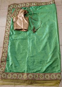 Golden And Parrot Green Sari With Blouse