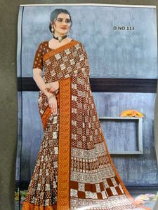 Brown & White Printed Saree