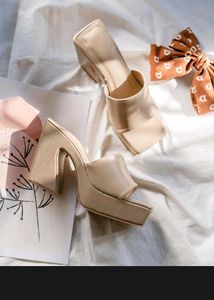 Beige Platform Heel Mules