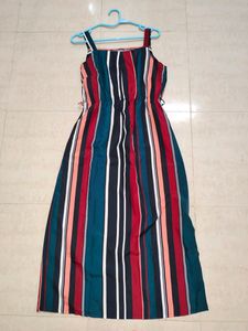 Striped Crepe A Shape Dress / Bottom Side Slit On One Side