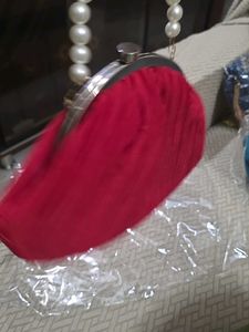 Red Potli Clutch With Pearl Handle - medium