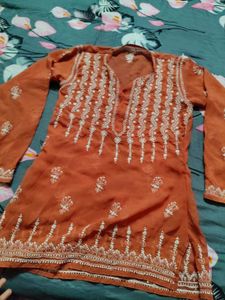 Rust Embroidered Kurti Chikankari
