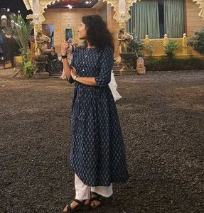 Nayo blue floral cotton A - line kurta