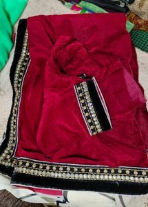 Half And Haf Velvet + Synthetic Saree With Blouse