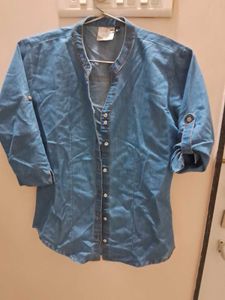 Denim Shirt With Stand Collar