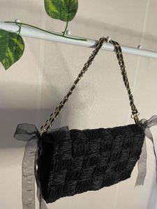 Chic Black Woven Clutch Bag with Chain Strap