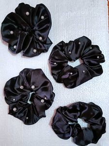 4 Black Scrunchies with Pearls