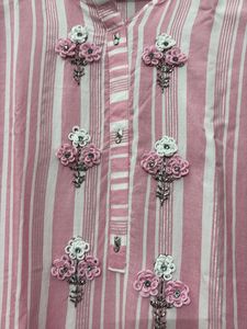 Pink &amp; White Striped Kurti with Embroidery