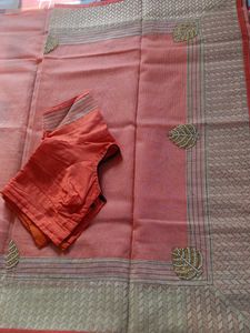 Peach Saree with Stitched Blouse