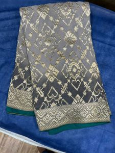 Grey &amp; Gold Silk Saree with Teal Contrast