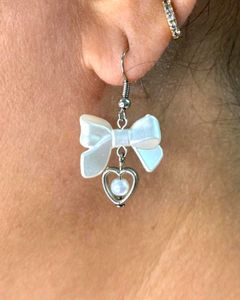 Handmade Beaded Pearl Bow Earrings with Heart