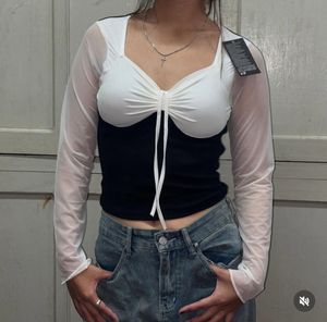 Mesh Sleeve Ruched Crop Top