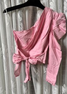 Pink One-Shoulder Puff Sleeve Crop Top