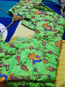 Work Blouse With Copper Thread Embroidery Mirror Work