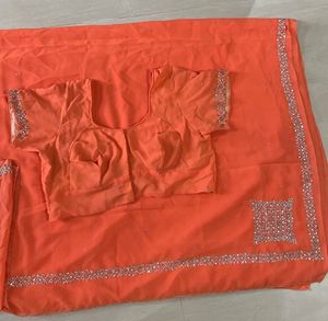 Orange Embellished Saree with Blouse
