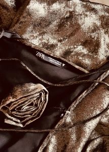 Long foil Backless  Dress With flower Detail