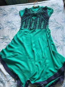 Green &amp; Navy Dress with Waist Tie