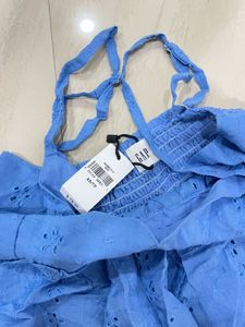 Blue Embroidered Ruffle Tank Top