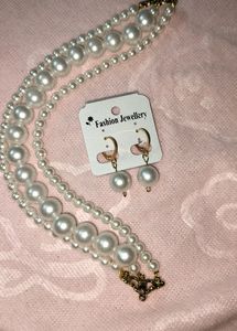 Three Layer White Pearl Necklace With Earrings