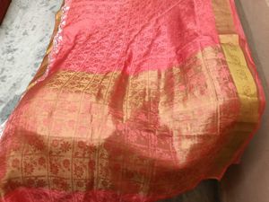NewBeautiful SilkSaree-Coral&amp;Gold-WithExtraBlouse