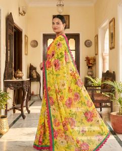 Floral Print Saree with Lace , unstitched blouse p