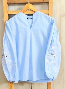 Blue Embroidered Sleeve Top Size-42