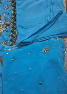 Blue Crepe Suit With Heavy Stone Work