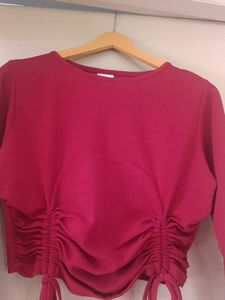 Burgundy Ruched Cropped Long Sleeve Top