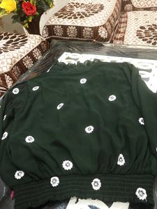 A Line Baloon Sleeve Top With Flowers Embroidery