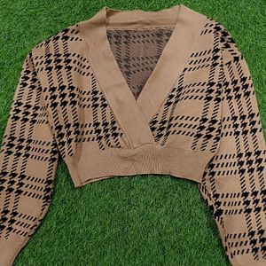Houndstooth Wrap Cropped Sweater
