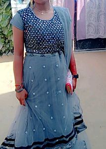 Grey &amp; Black Mirror Work Double Layer Lehnga Choli