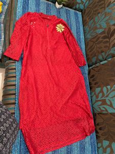 Red Embroidered Tunic Dress