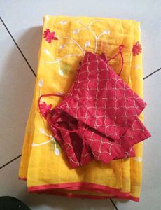 Yellow Embroidered Saree,sadi with Blouse