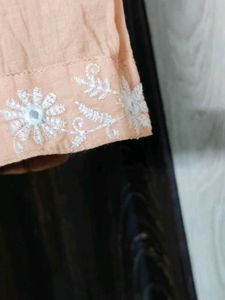 Elegant Peach Cotton Kurti with White Floral Embro