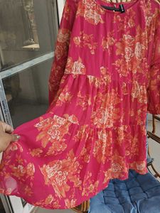 Pink Floral Flowy Dress With Full Sleeves