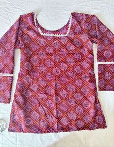 Burgundy Bandhani Print Short Kurti