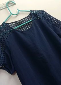 Navy Blouse with Lace Shoulder Detail