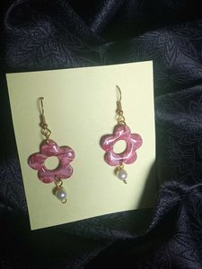 Pink Flower Pearl Drop Earrings