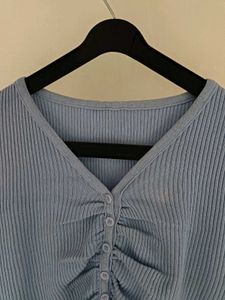 Blue Ribbed Ruched Button-Up Top