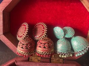 Cute Jhumka Earrings Sets, dark red & green jhumk