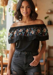 🎊Sale🎊Black Embroidered Off-Shoulder Top