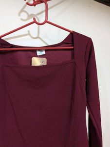 Burgundy Square Neck Long Sleeve Top