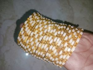 Cream, Golden White Work On Bangles