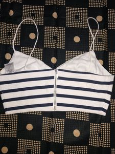blue and white striped, bra style crop top