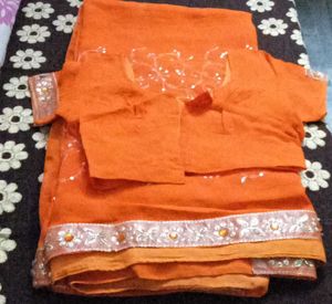 Orange Sari with Floral Embroidery