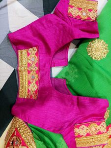 Beautiful Fluorescent Green Saree With Pink Blouse