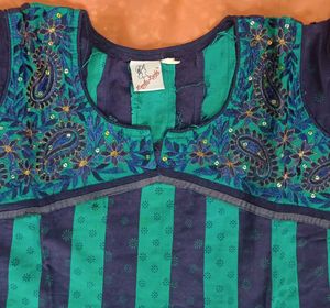 Pure Cotton Green Blue Printed Anarkali Kurti
